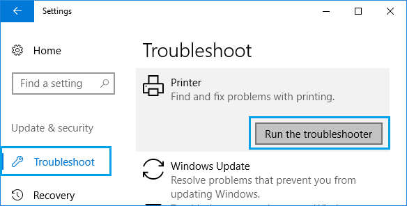 Параметр «Запустить средство устранения неполадок» в Windows 10