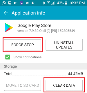 Очистить данные магазина Google Play и принудительно закрыть приложение