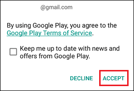 Примите Условия использования Google Play Store