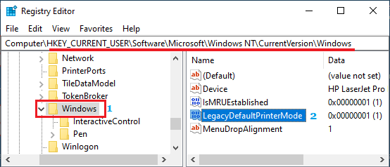 Ключ LegacyDefaultPrinterMode в реестре Windows