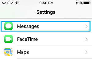 Опция сообщений на экране настроек iPhone