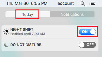 Включите режим ночной смены через Центр уведомлений на Mac