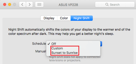От заката до восхода солнца или пользовательский параметр в режиме ночной смены на Mac