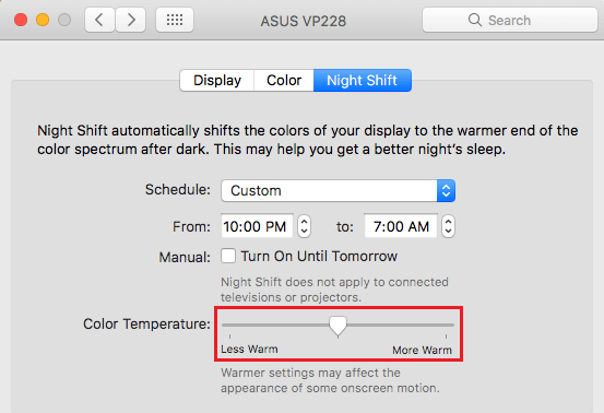 Изменение цветовой температуры в режиме ночной смены на Mac
