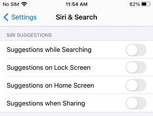 Отключить предложения поиска Siri