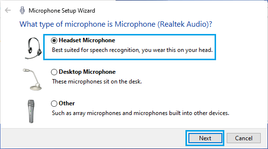 Выберите тип микрофона для настройки в Windows
