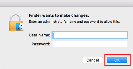 Введите имя пользователя и пароль администратора на Mac