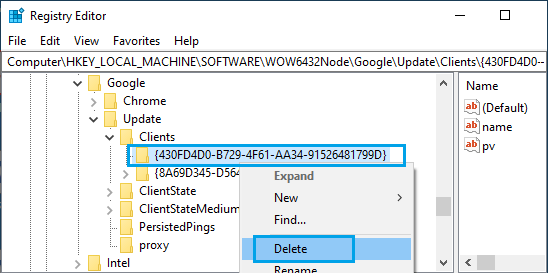 Удалить реестр клиентов Chrome с ПК с Windows 