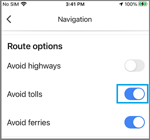 Опция Избегать дорожных сборов в настройках Google Карты