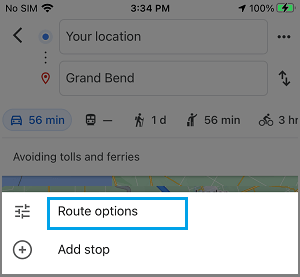 Вкладка параметров маршрута в Google Maps