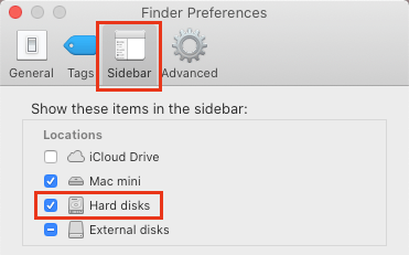 Включить вкладку жестких дисков в Finder