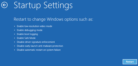 Экран параметров запуска Windows 10