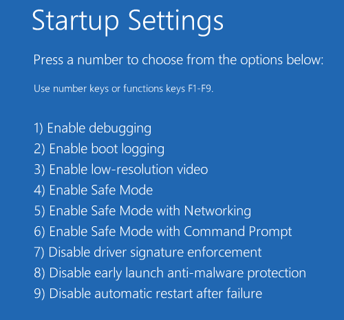 Экран параметров запуска Windows 10 с различными параметрами запуска