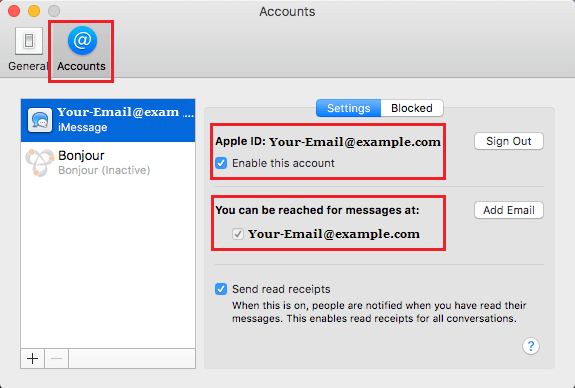 Экран настроек учетных записей для iMessages на Mac 