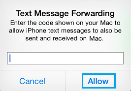 Всплывающее окно с кодом подтверждения для проверки текстового сообщения на iPhone