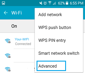Расширенный параметр на экране настроек Wi-Fi на телефоне Android