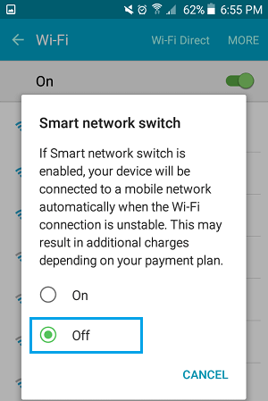 Отключить параметр Smart Network Switch на телефоне Android
