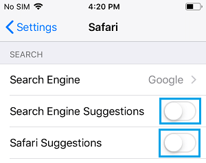 Отключить Safari и предложения поисковых систем на iPhone