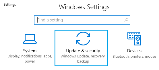 Параметр обновления и безопасности на экране настроек Windows