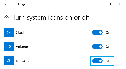 Включите параметр значка сети в Windows