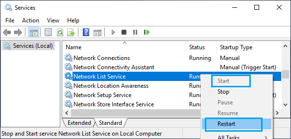 Перезапустить службу списка сетей в Windows