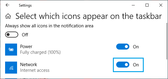 Выберите значок сети для отображения на панели задач Windows