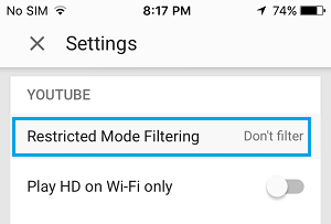 Параметр фильтрации ограниченного режима YouTube на iPhone 
