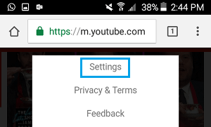 Параметр настроек YouTube в браузере Chrome для Android