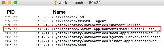 Список запущенных приложений в терминале на Mac