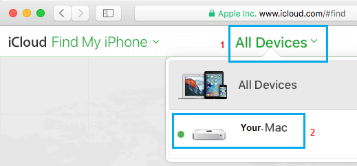Вкладка «Все устройства» в службе «Найти iPhone» в iCloud
