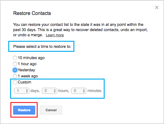 Восстановить список контактов до периода в Gmail