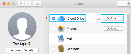 Вкладка параметров iCloud Drive на Mac
