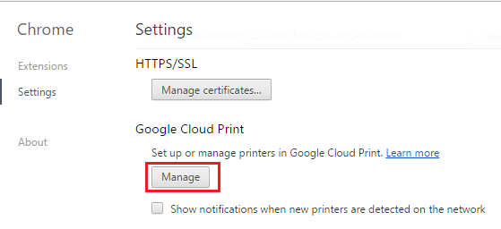 Опция управления принтерами в браузере Google Chrome