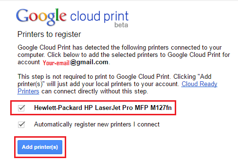 Добавить выбранные принтеры в Google Cloud Print