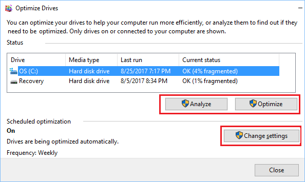 Экран оптимизации дисков в Windows 10