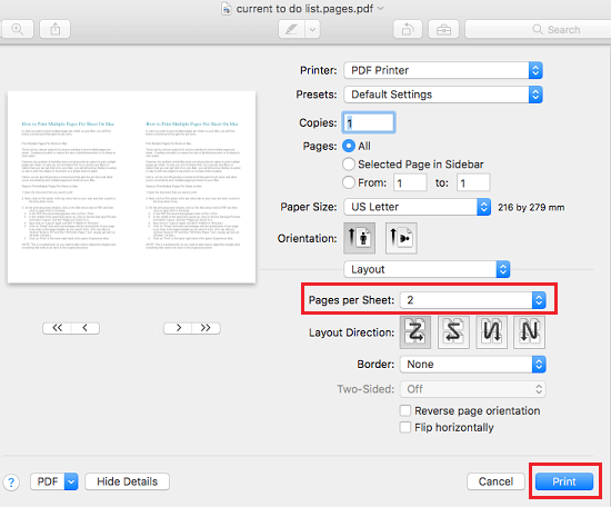Печать двух страниц на листе на Mac