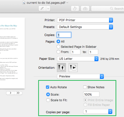 Параметры печати в режиме предварительного просмотра на Mac