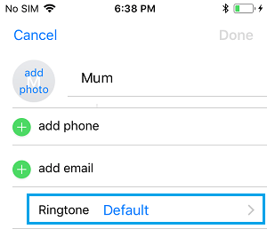 Вариант рингтона по умолчанию на экране контактов iPhone