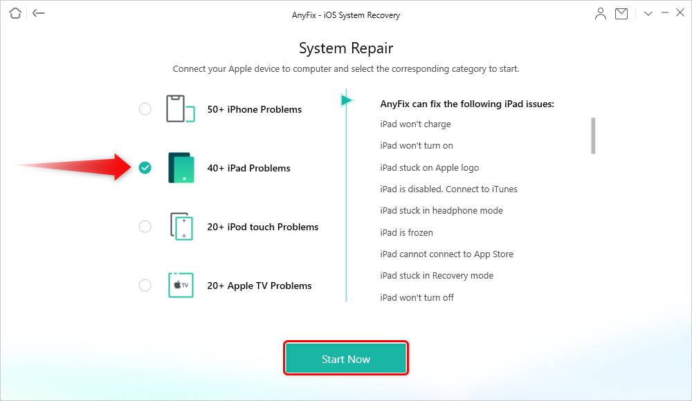 Выберите «Проблемы с iPad» и начните прямо сейчас