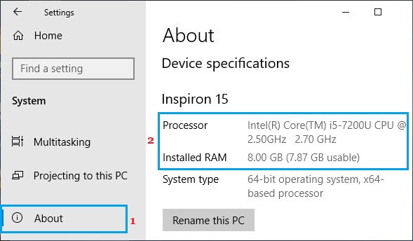 Технические характеристики устройства Windows на экране настроек
