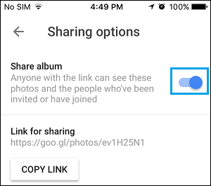Включите опцию Поделиться альбомом в приложении Google Фото