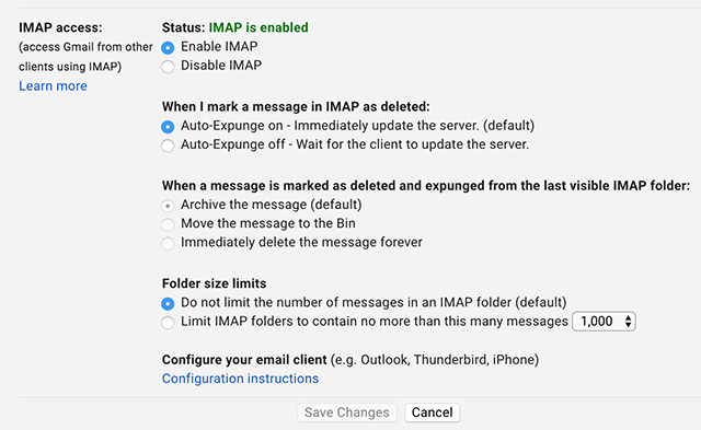 Включите IMAP в Gmail