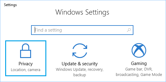 Параметр конфиденциальности на экране настроек в Windows 10