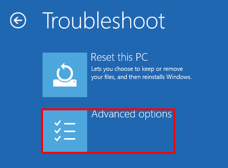 Экран Advanced Option Windows Troubleshoot
