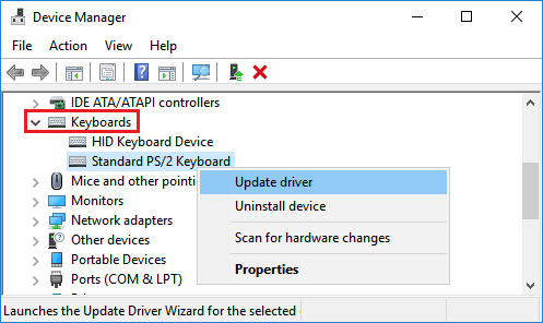 Обновите драйвер для клавиатуры в Windows 10