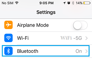 Опция Bluetooth на экране настроек iPhone