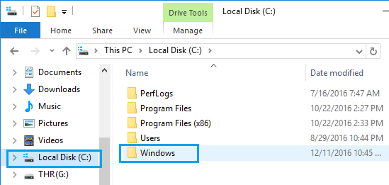 Папка Windows на локальном диске компьютера с Windows 10