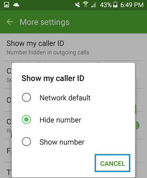 Скрыть параметр идентификатора вызывающего абонента на телефоне Android