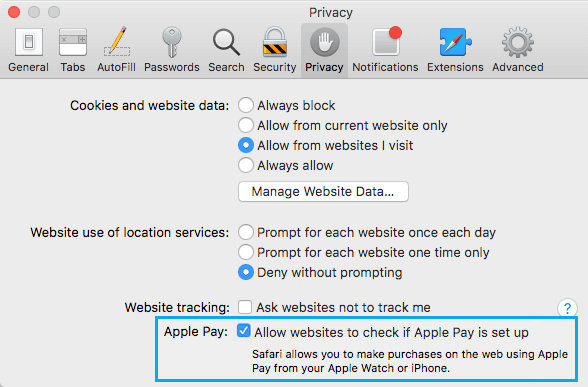 Включите Apple Pay в браузере Safari на Mac