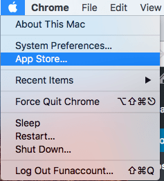Опция App Store в верхней строке меню Mac
